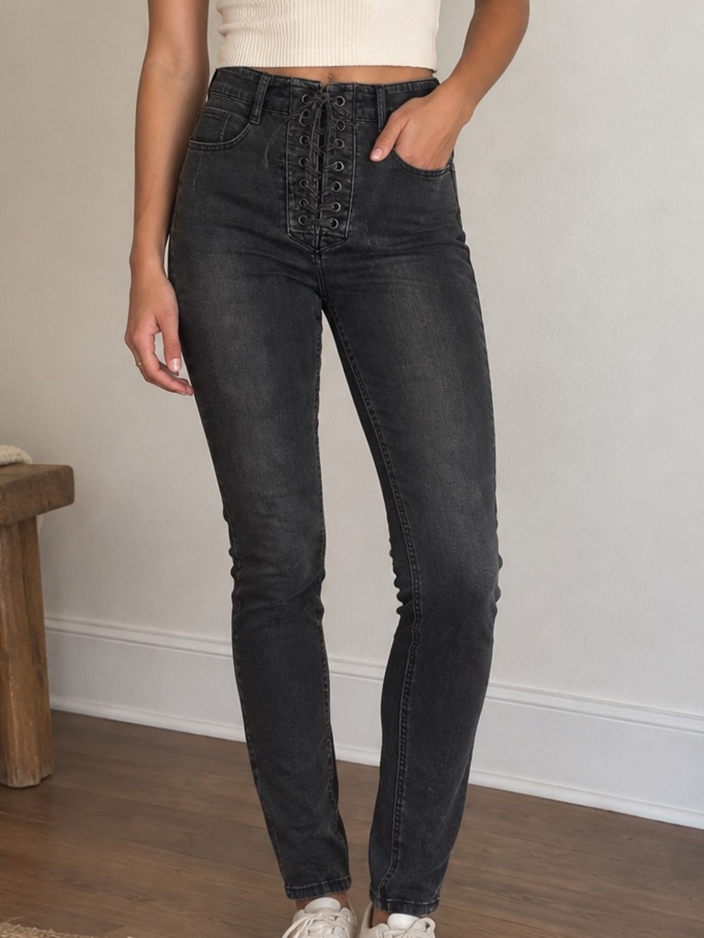 Free People We The Free Black Lace Up Skinny Jeans High Rise Washed 27